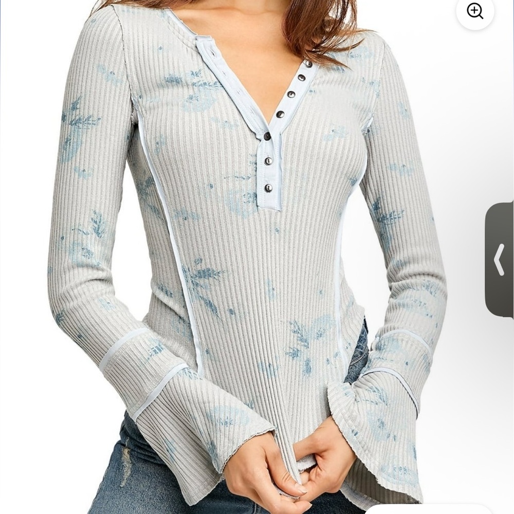 Free People  Floral Ribbed Henley Long-Sleeve Top NWT.